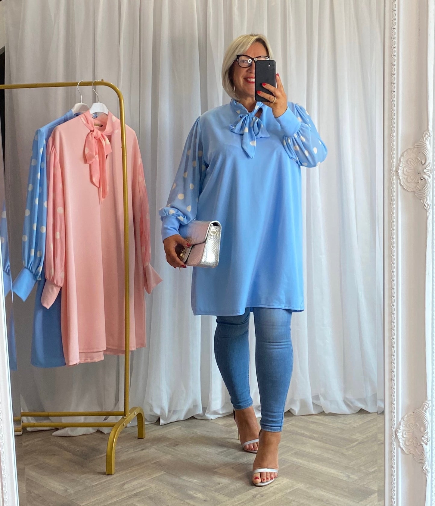 Blue Pocka Dot Pussybow Tunic Top
