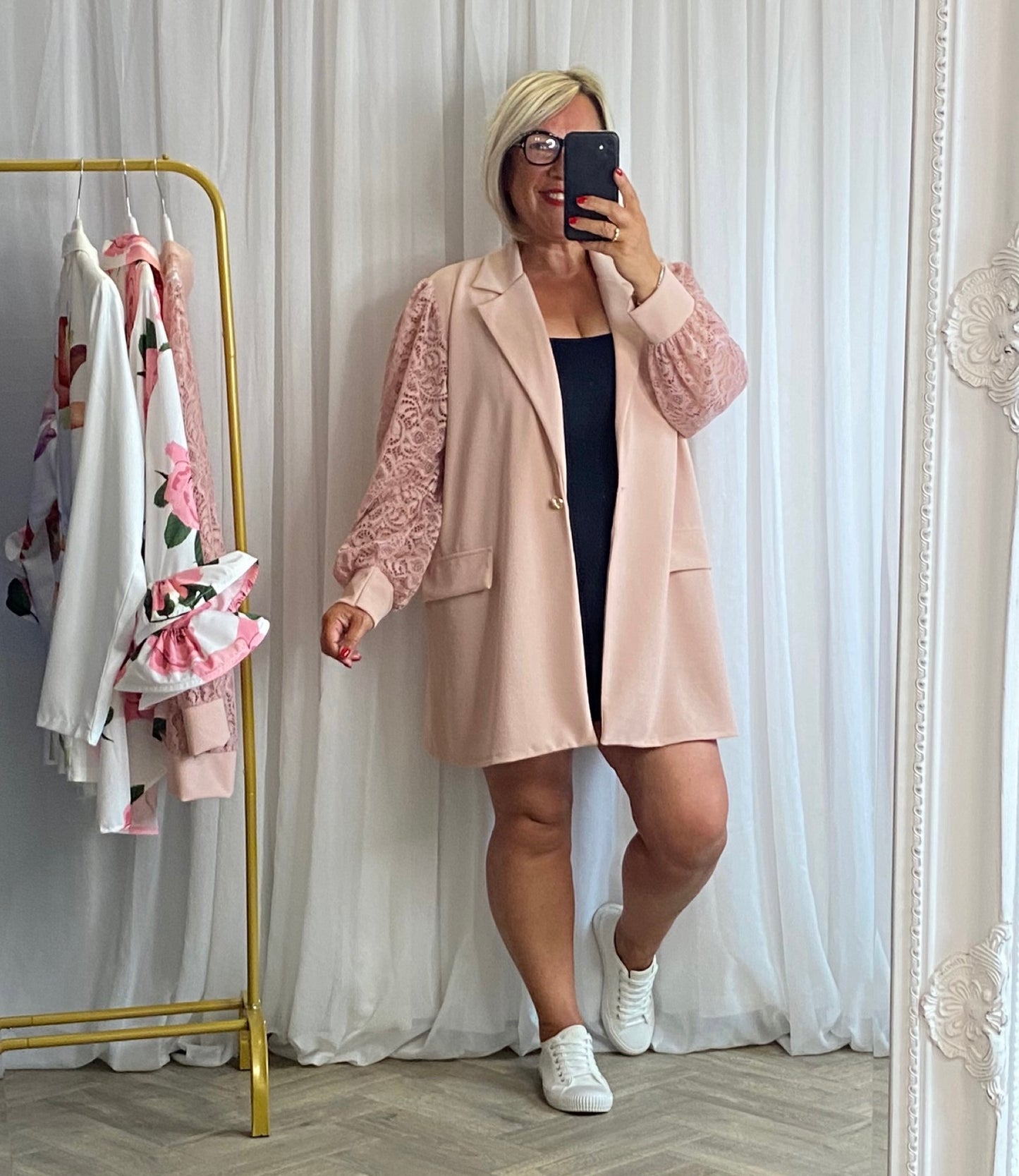 Lightest Pink Lace Sleeve Blazer
