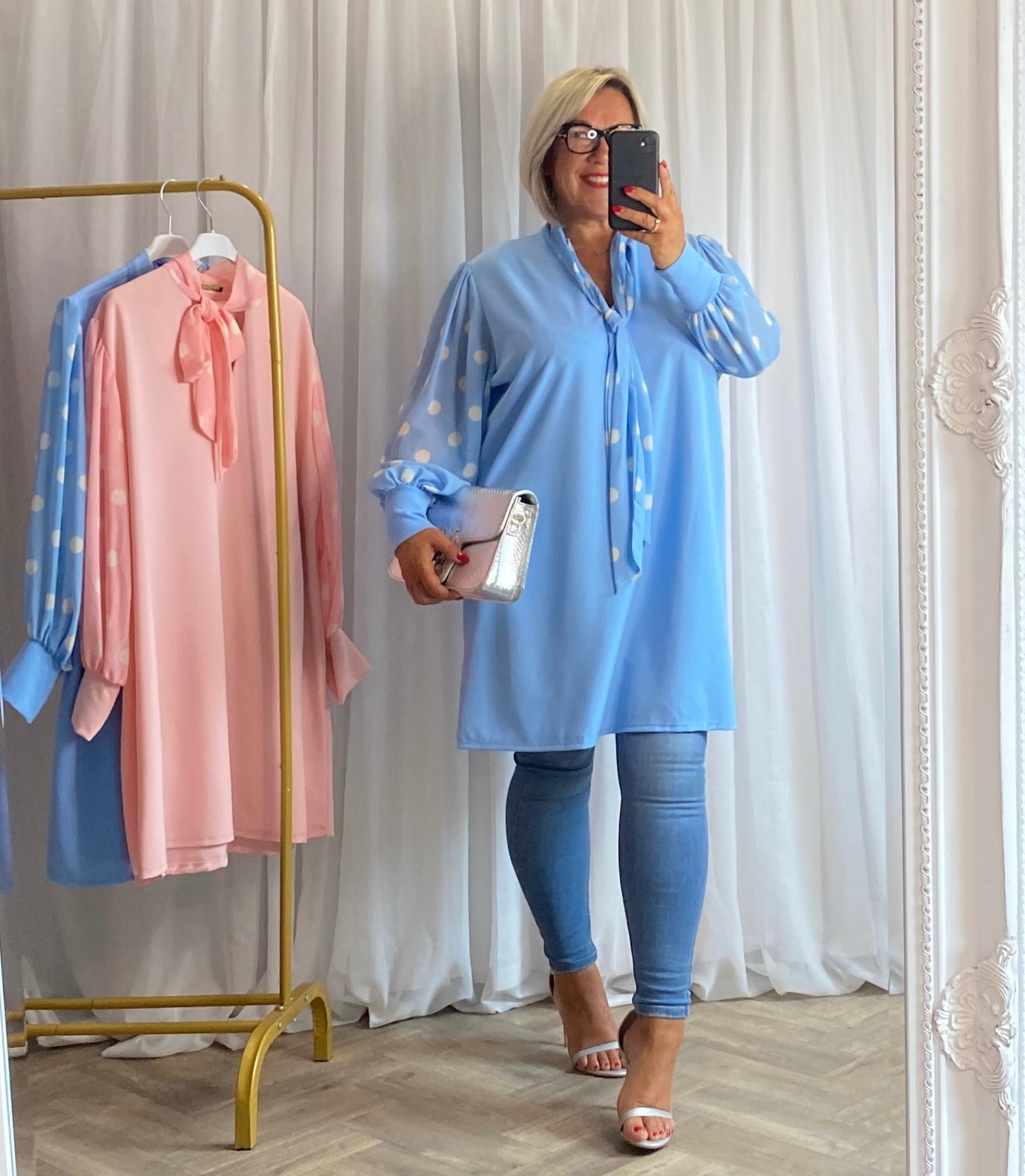 Blue Pocka Dot Pussybow Tunic Top