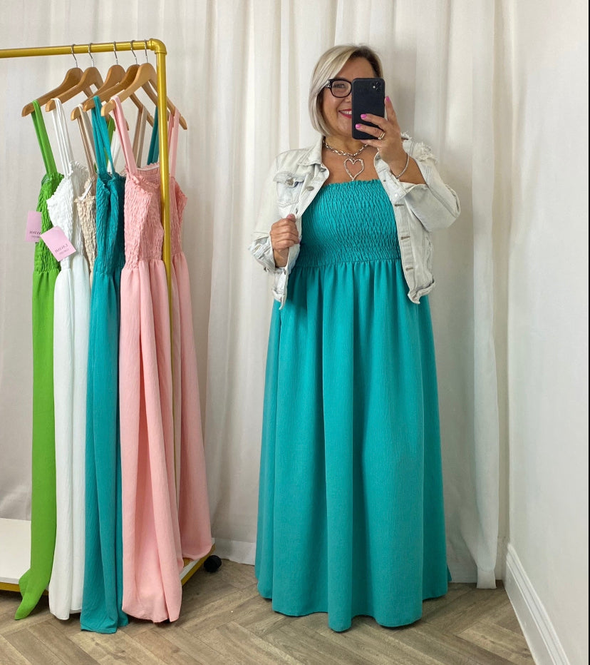 Aqua Shirring Maxi Dress