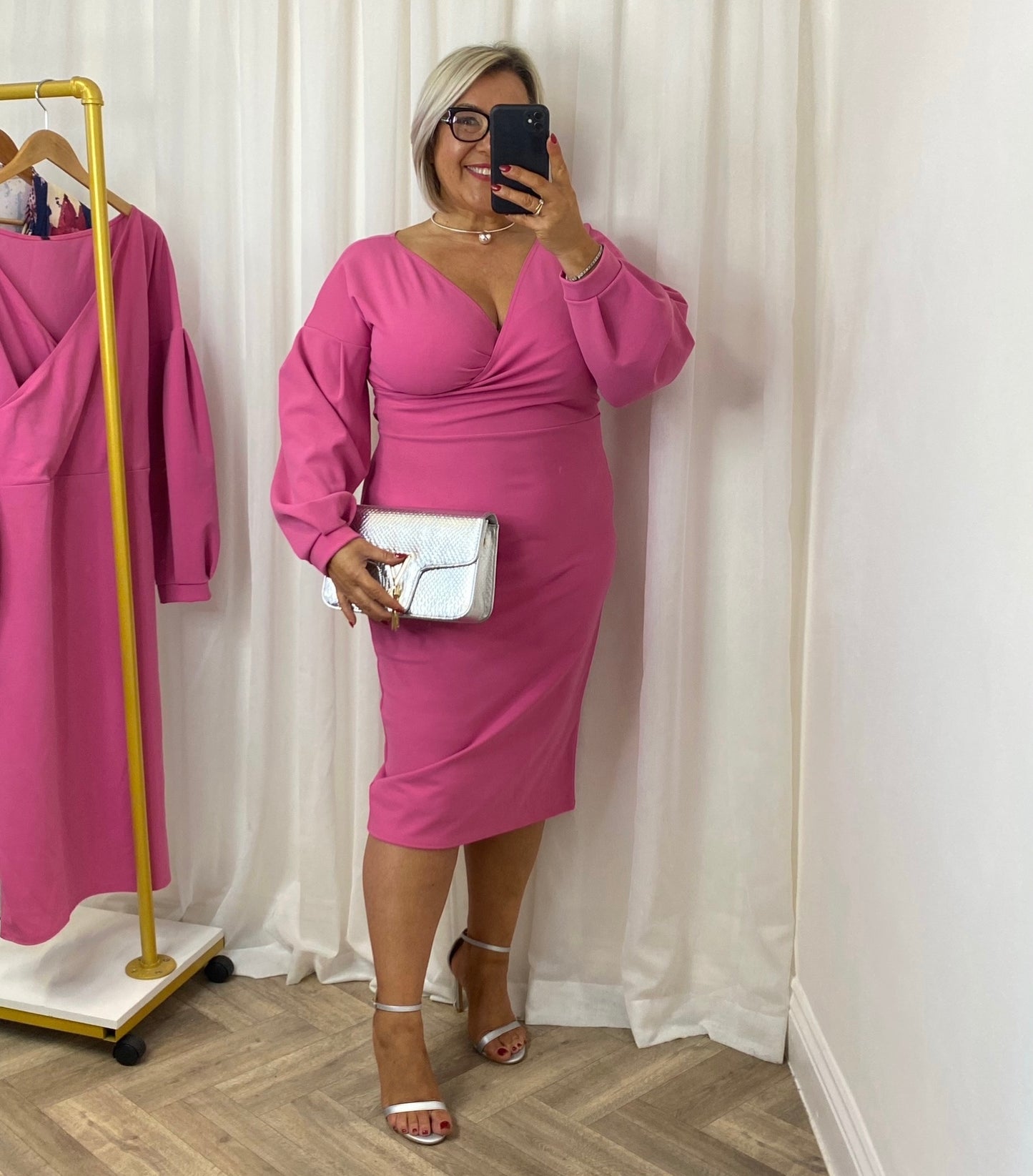 Pink Puff Sleeve Midi Dress