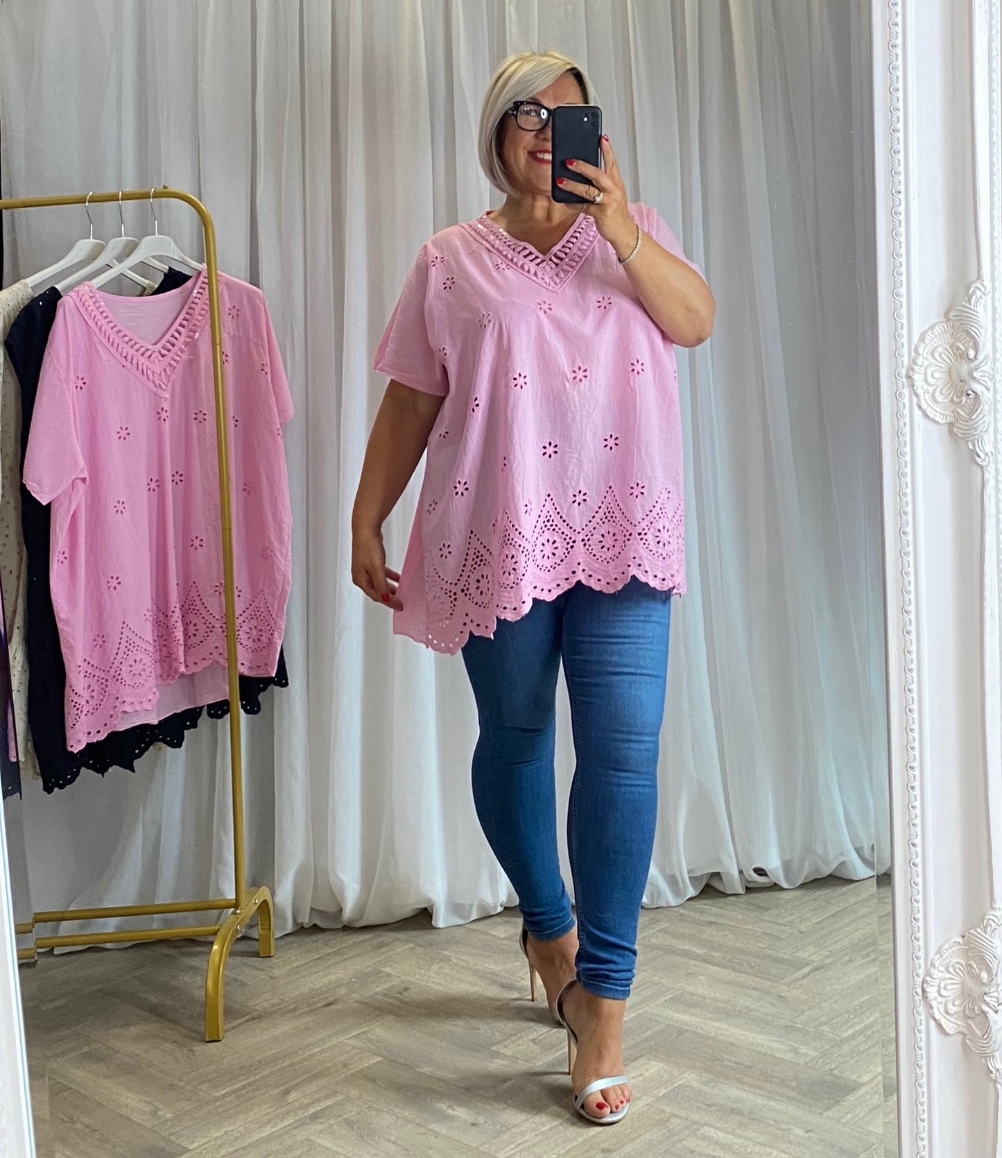 Pink Broderie Anglaise Embroidered V Neck Top