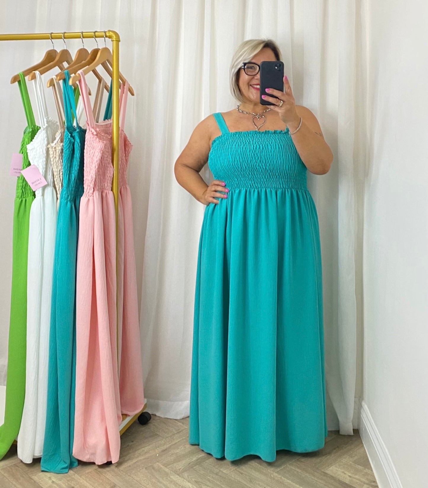 Aqua Shirring Maxi Dress