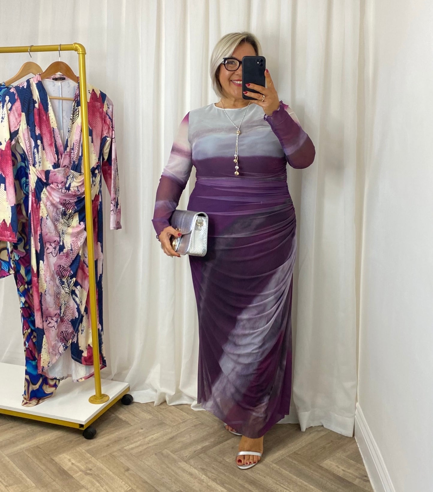Purple Ruched Mesh Maxi Dress