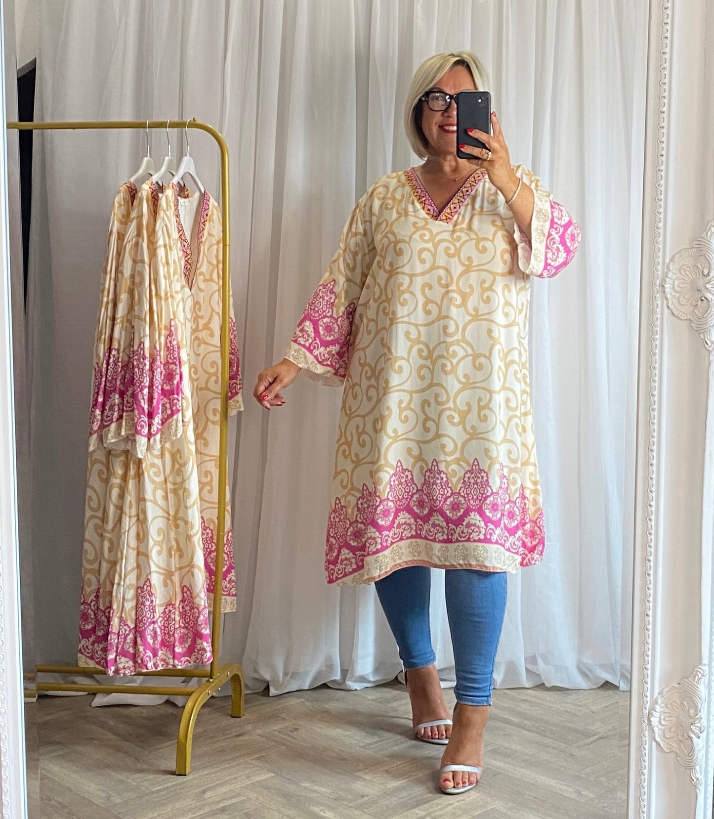 Embroidered Neck Cream And Pink Dress