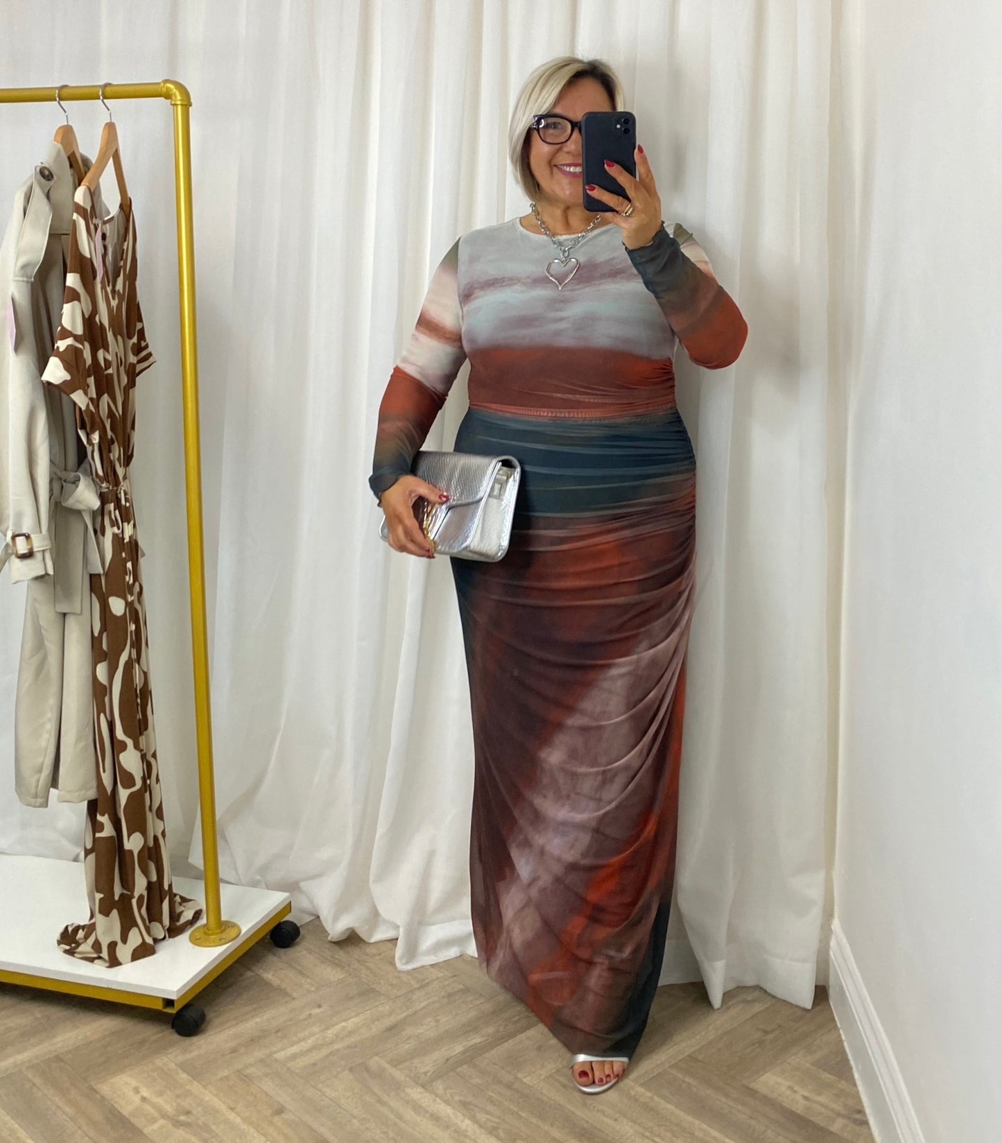 Mocha Ruched Mesh Maxi Dress