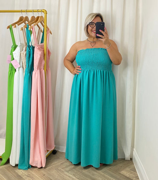 Aqua Shirring Maxi Dress