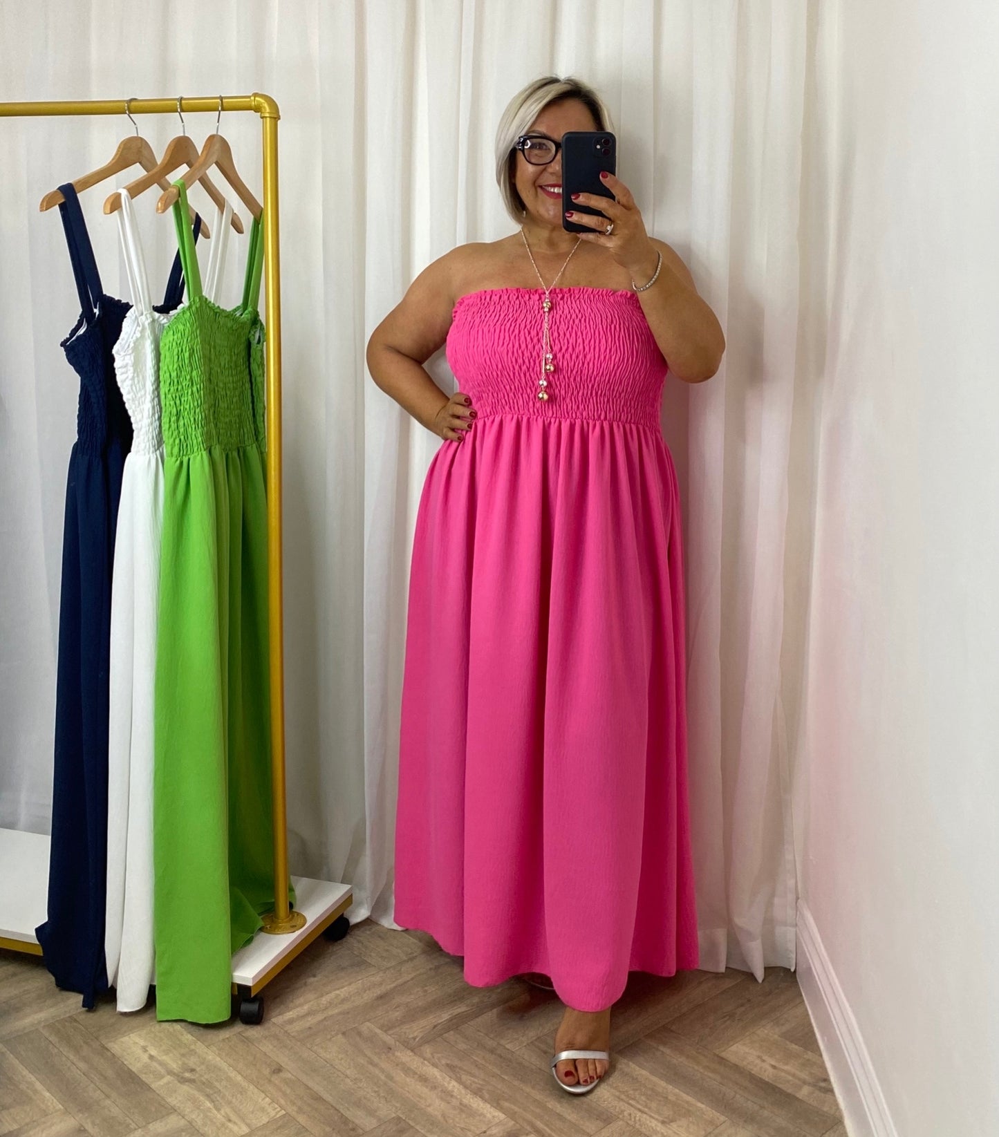 Hot Pink Shirring Maxi Dress