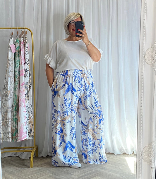 Blue And Beige Wide Leg Trousers