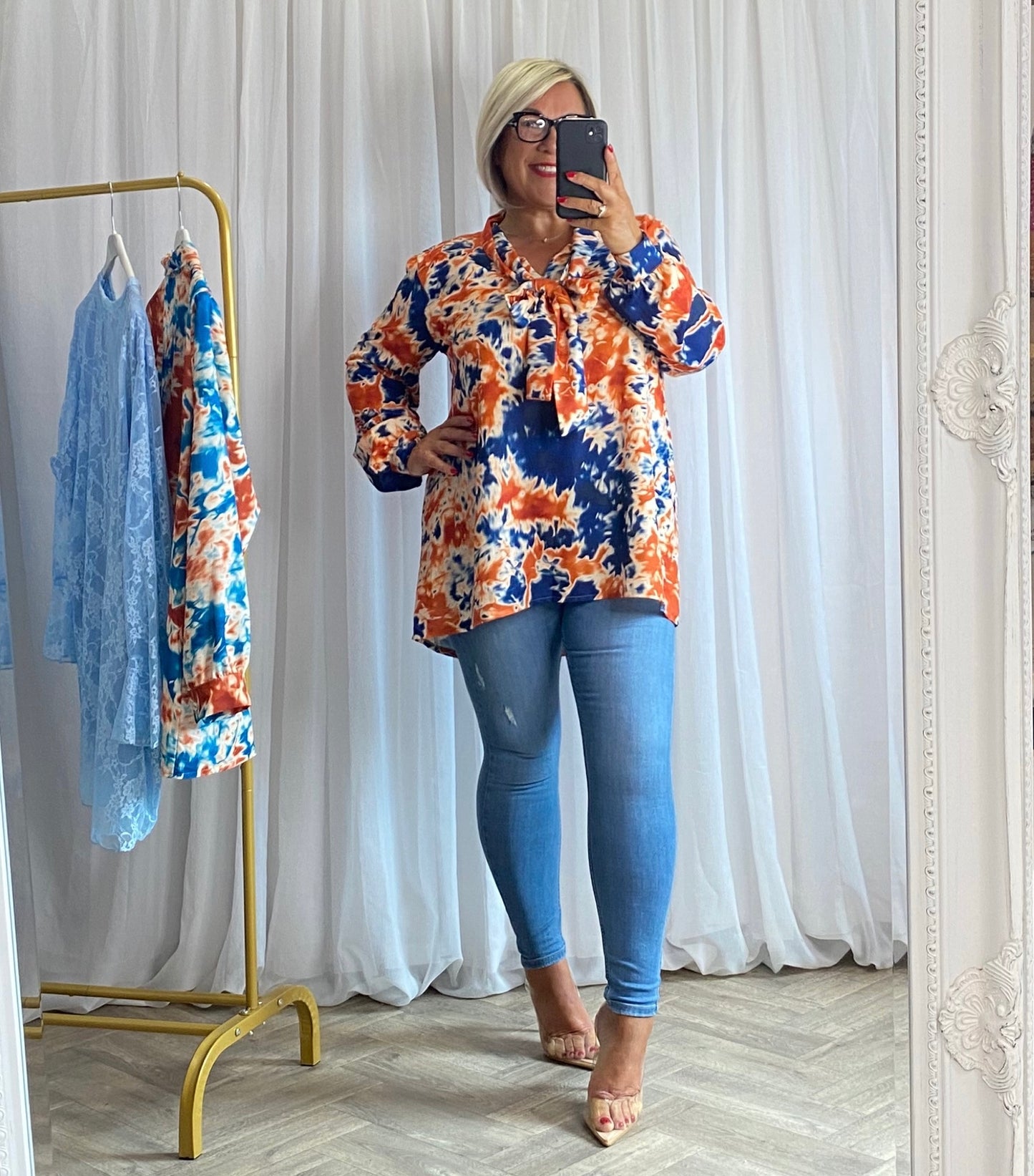 Navy Abstract Print Pussybow Top