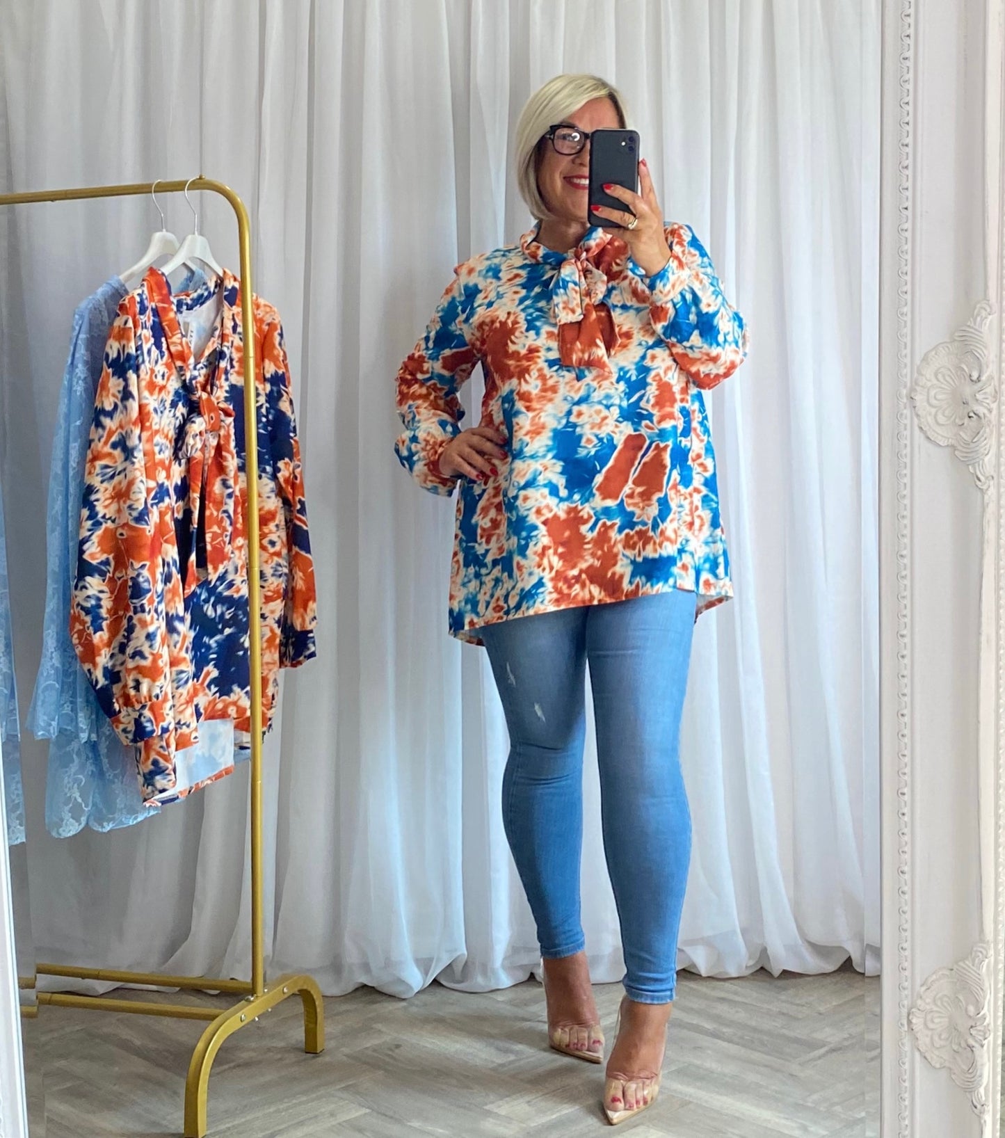 Turquoise Abstract Print Pussybow Top