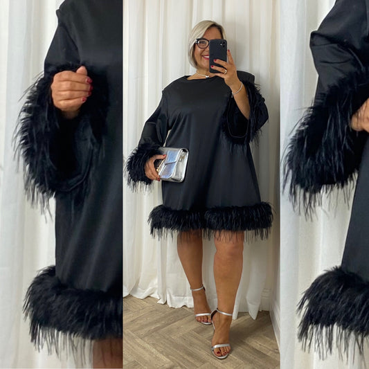 Feather Trim Dress In Black