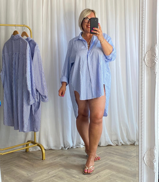 Blue And White Embellished Pinstripe Shirt