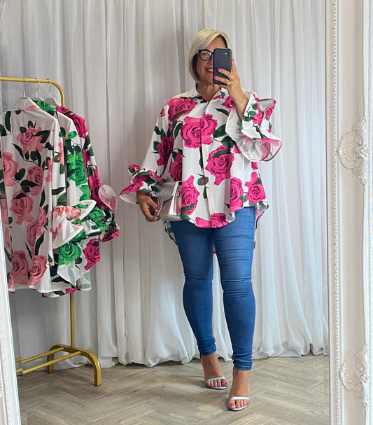 Ruffle Sleeve Shirt in Hottest Pink