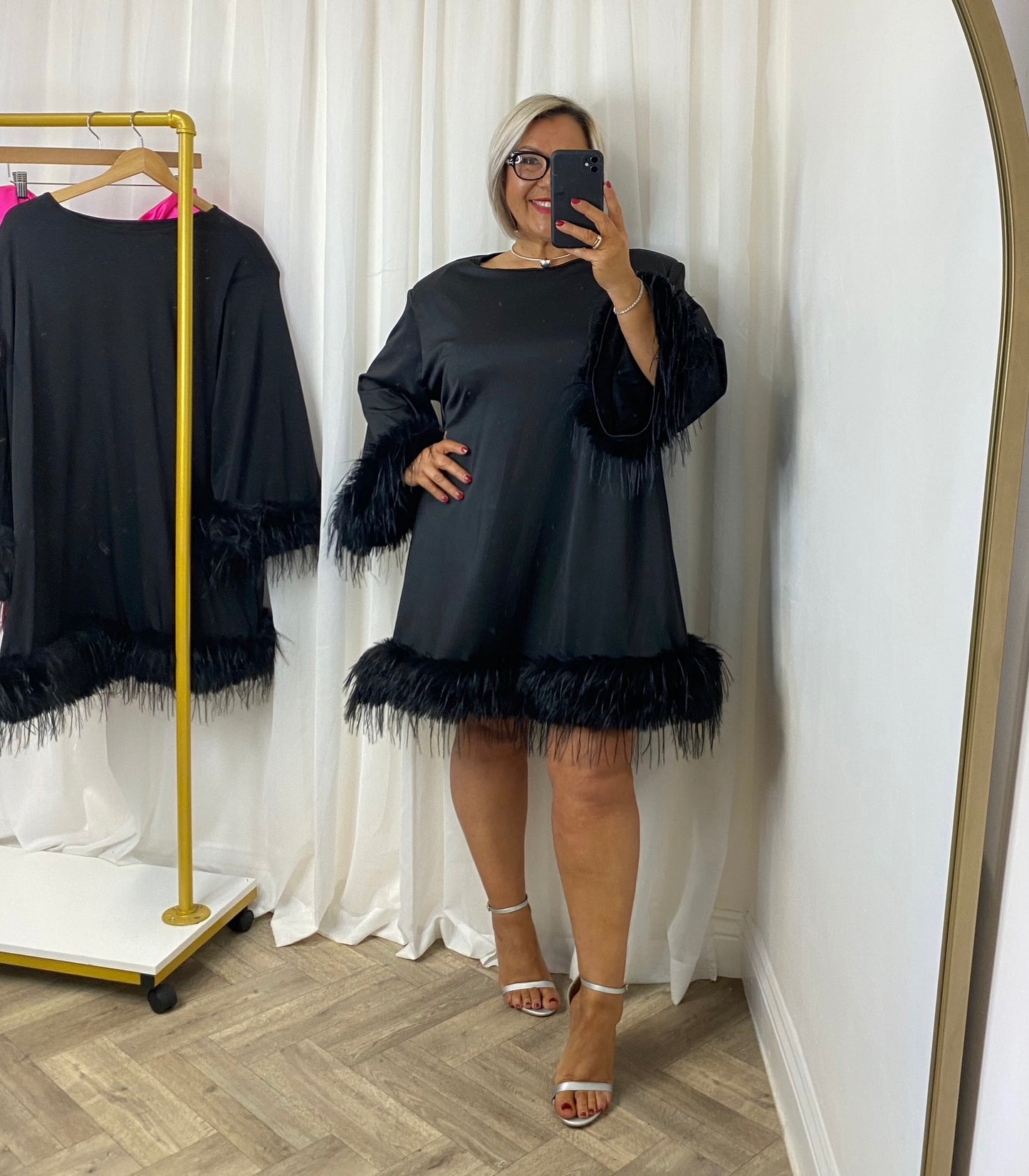 Feather Trim Dress In Black