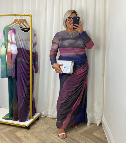 Multi Ruched Mesh Maxi Dress