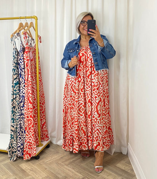 Red Frill Hem Maxi Dress