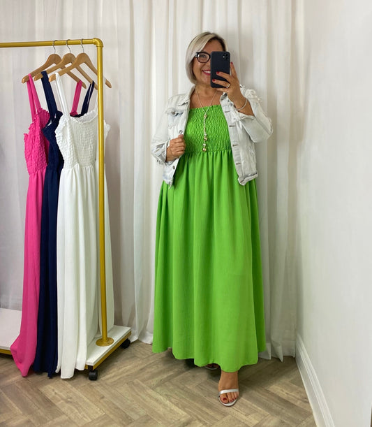 Green Shirring Maxi Dress