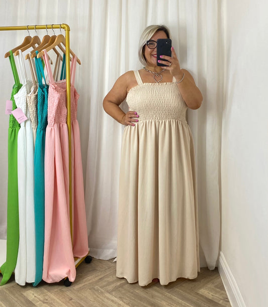 Beige Shirring Maxi Dress