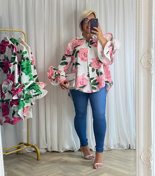 Ruffle Sleeve Shirt In Lightest Pink