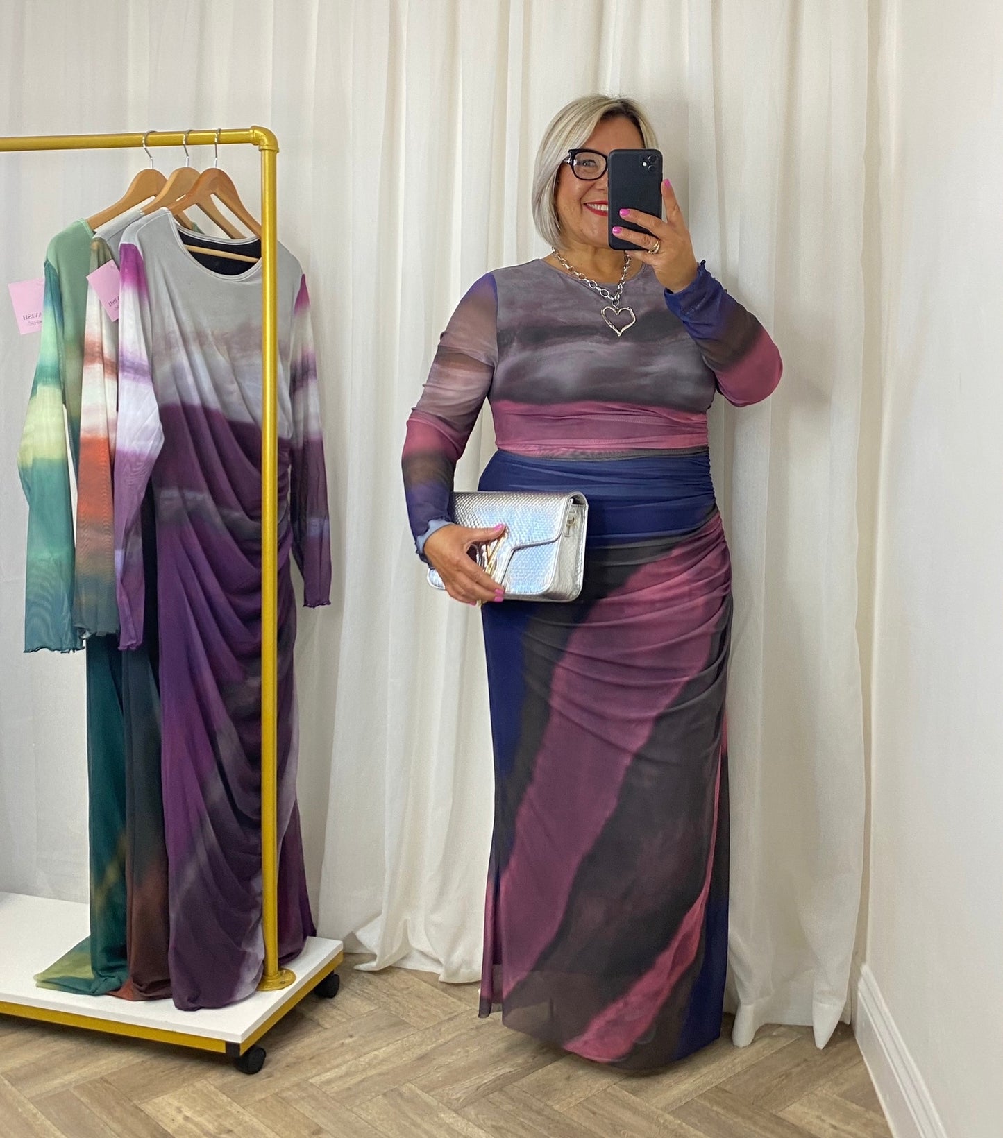 Multi Ruched Mesh Maxi Dress