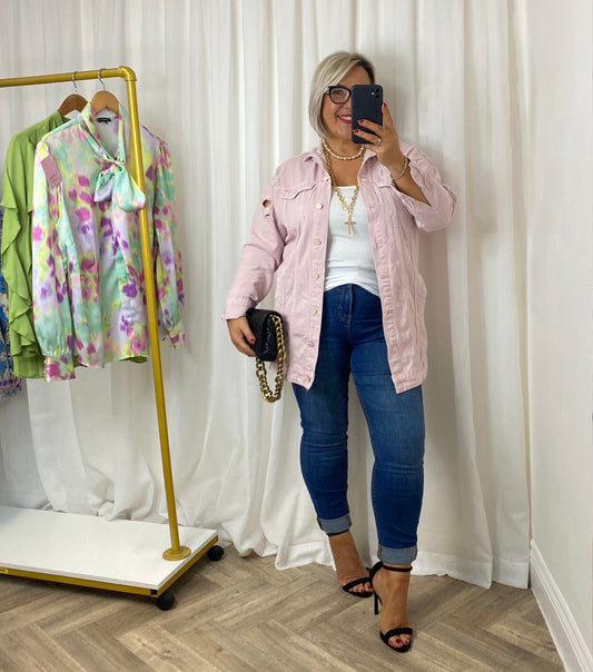Lightest Pink Distressed Denim Jacket