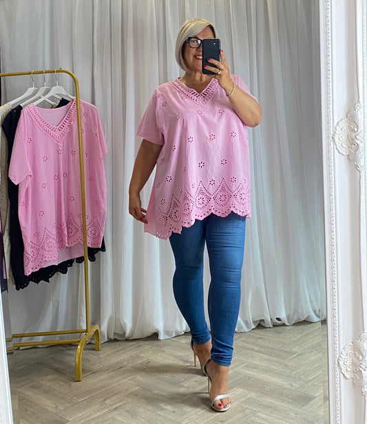 Pink Broderie Anglaise Embroidered V Neck Top