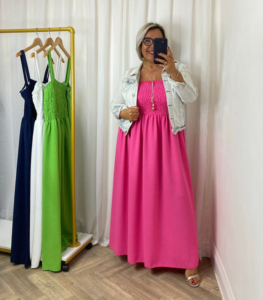 Hot Pink Shirring Maxi Dress