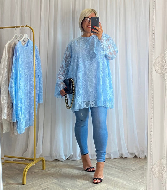 Sky Blue Fluted Sleeve Tunic Top
