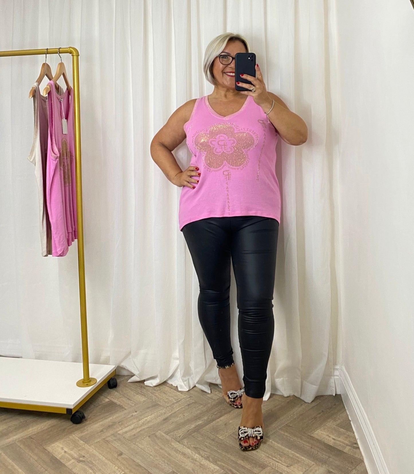 Vibrant Pink Gold Embellished Vest Top