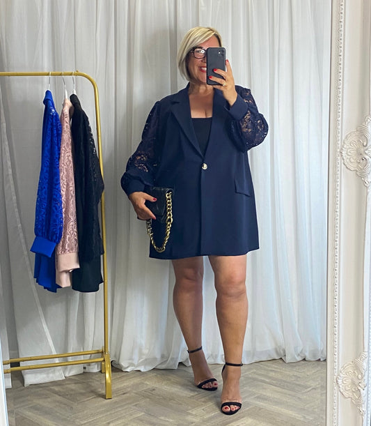 Navy Lace Sleeve Blazer